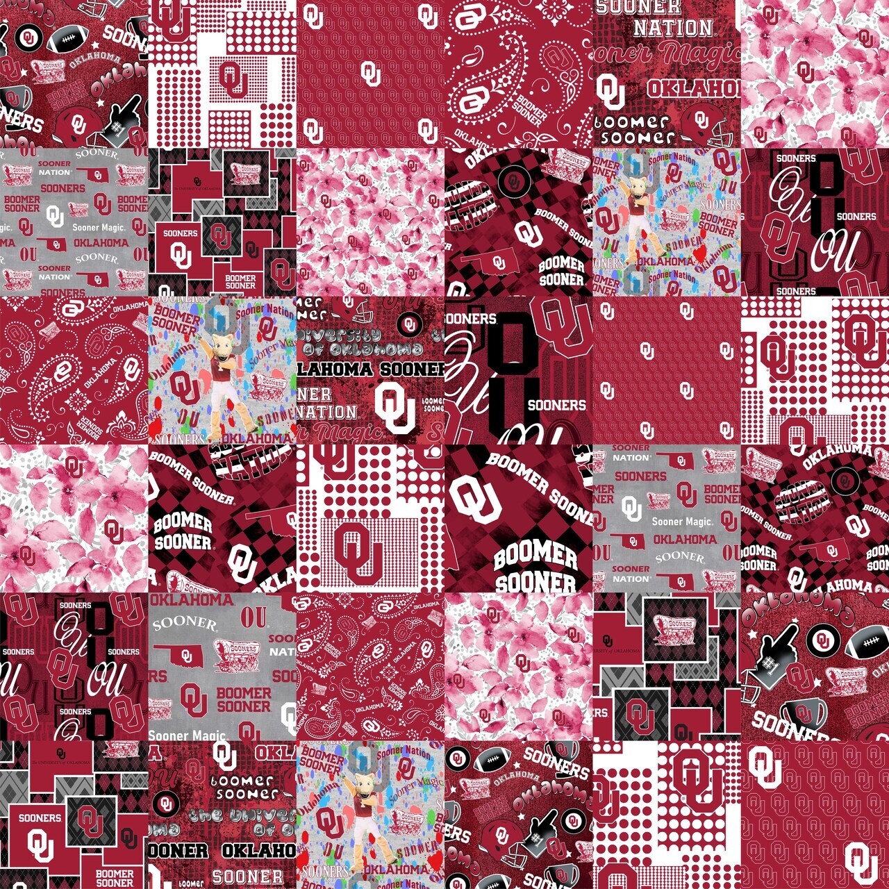 Sykel Enterprises-University of Oklahoma Cheater Quilt Printed Cotton Fabric-Oklahoma Sooners Cotton Fabric with Patchwork Cheater Quilt Print-60” Width